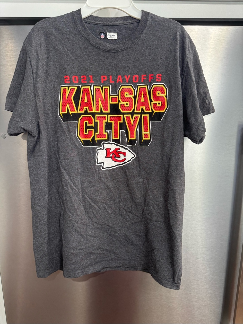 NFL Gray Kansas City 2021 Playoffs Graphic T-Shirt with Red and Yellow Logo